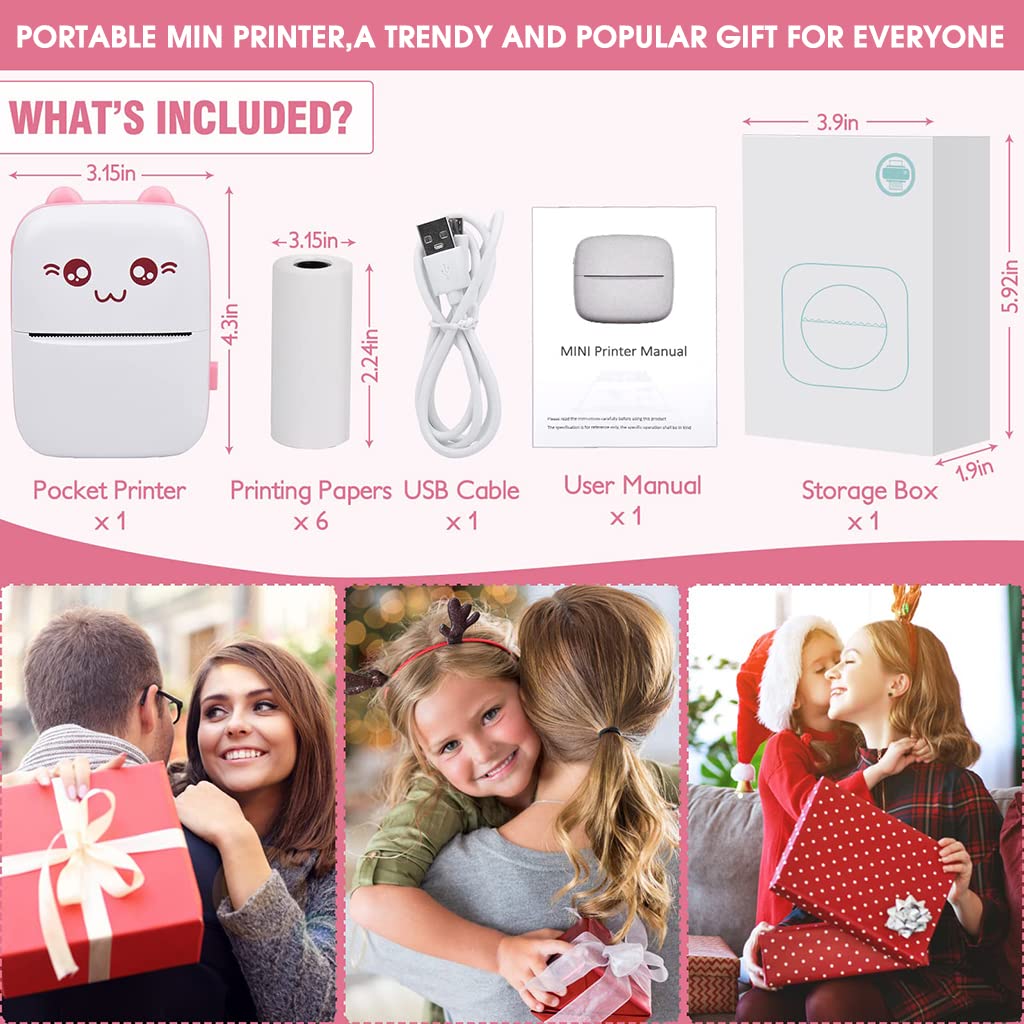ZORBES Mini Printer, Small Pocket Printer Black and White Printing Bluetooth Thermal Printer Compatible with iOS, Android, Portable Printer with 6 Rolls Printing Paper for Notes, Memos, DIY - Pink ZORBES Mini Printer, Small Pocket Printer Black and White Printing Bluetooth Thermal Printer Compatible with iOS, Android, Portable Printer with 6 Rolls Printing Paper for Notes, Memos, DIY - Pink